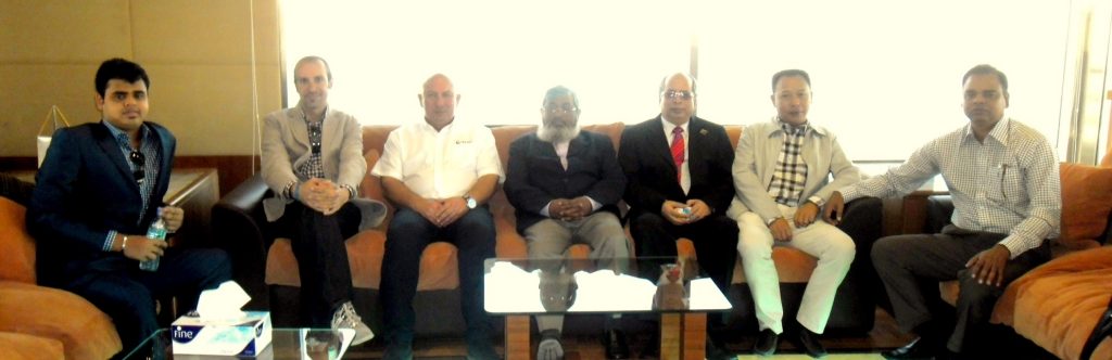 From left to right: Mr. Robin Kamal (Director at Golden Fiber Glass), Mr. Toufic Hobeika (Managing Partner at Smart Own) , Mr. Notis Menelaou (Sales Manager at Gulf Craft), Mr. Khandker Anwarul Islam , (Honorable Secretary at the Ministry of Road Transport and Bridges), Mr. Shafiquil Islam (Project Manager Padma Multipurpose Bridge Project) Mr. Ran Xiaolin (Deputy Project Manager at MBEC), Mr. Mostafa Kamal (General Manager Golden Fiber Glass).