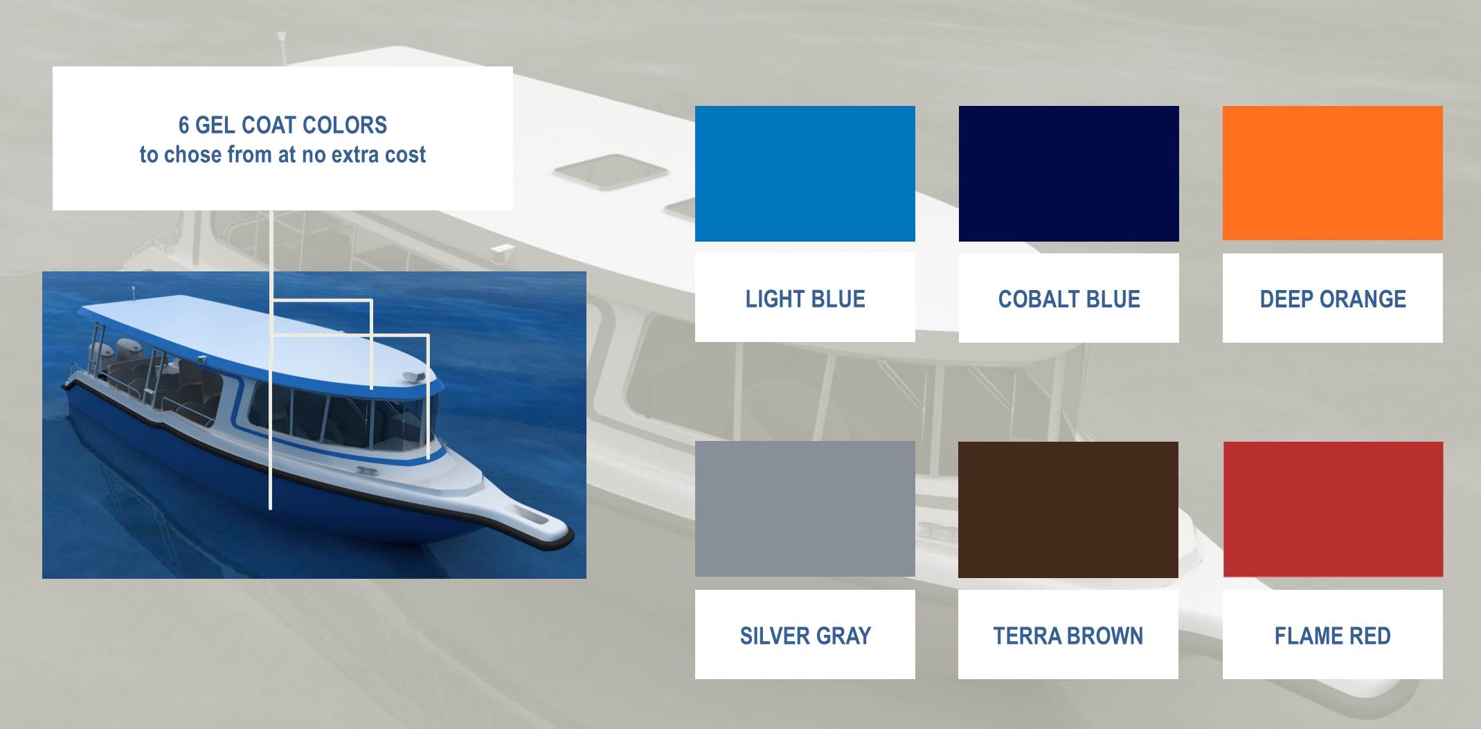 six gel coat choices for JAJI 31 water taxi